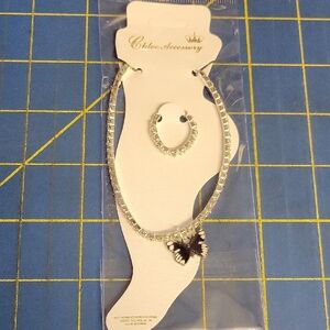 Gold 8.5" Rhinestone Stretch Anklet & Toe Ring Butterfly Charm NIP